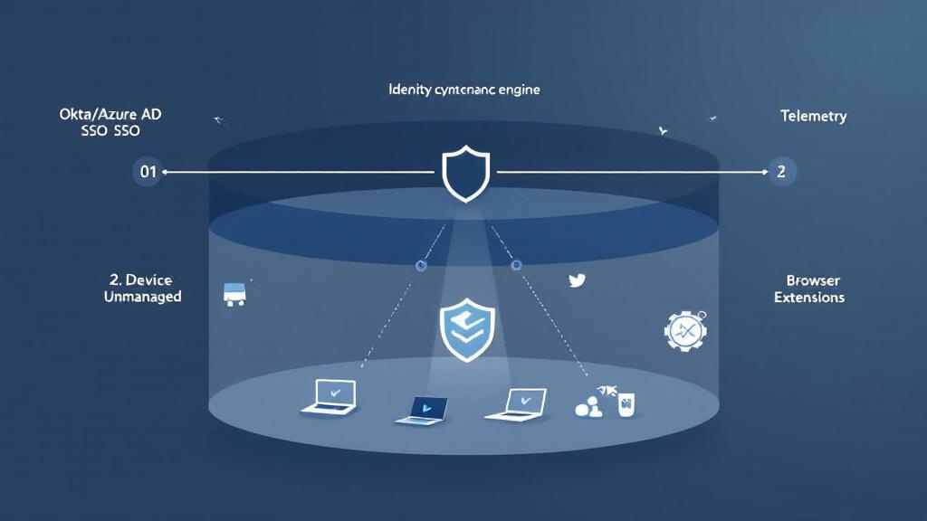 Layered visual showing SSO identity signals, device posture, and telemetry feeding a central governance system for correlating AI activity.