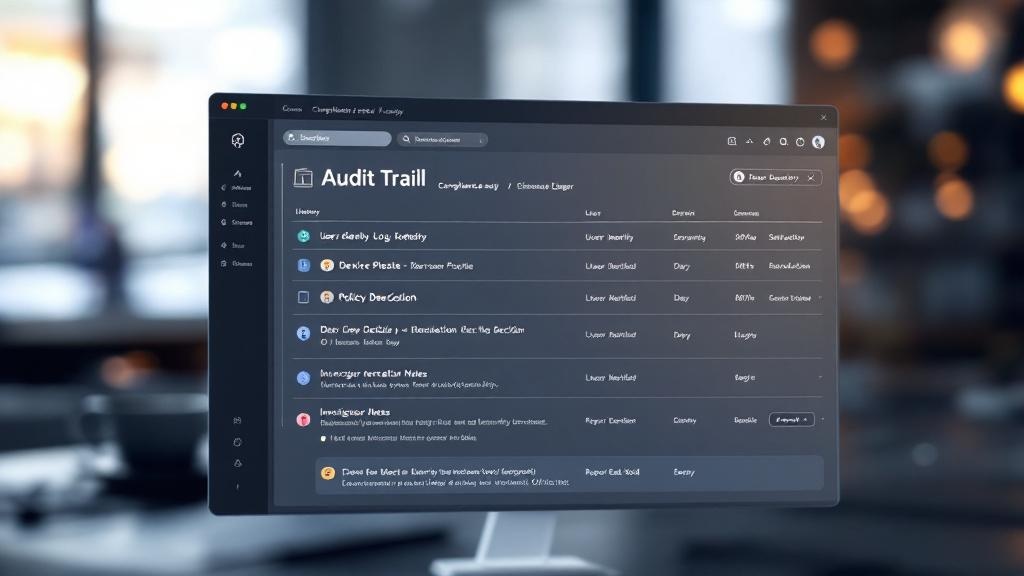 Illustration of an append-only audit log interface linking AI activity to identity, device posture, policy outcomes, and investigation notes.