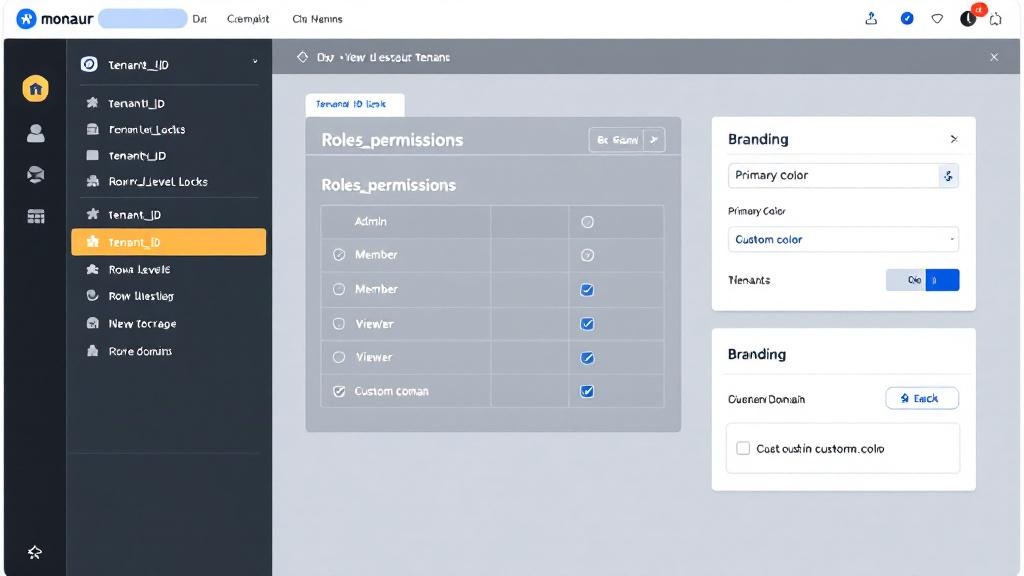 Visual showing tenant-scoped data, a role-based permissions matrix, and per-tenant branding settings within a SaaS dashboard.