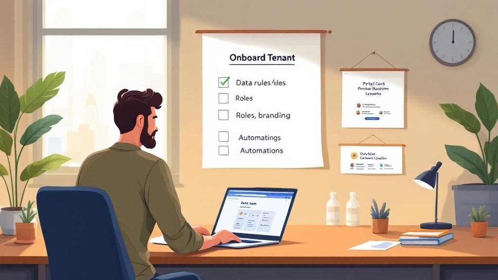 Illustration of a small team onboarding multiple tenants using a checklist for data rules, permissions, branding, and automations.