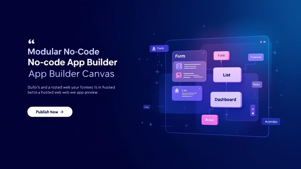 Illustration of a no-code app builder with modular blocks connected to a published hosted app preview.