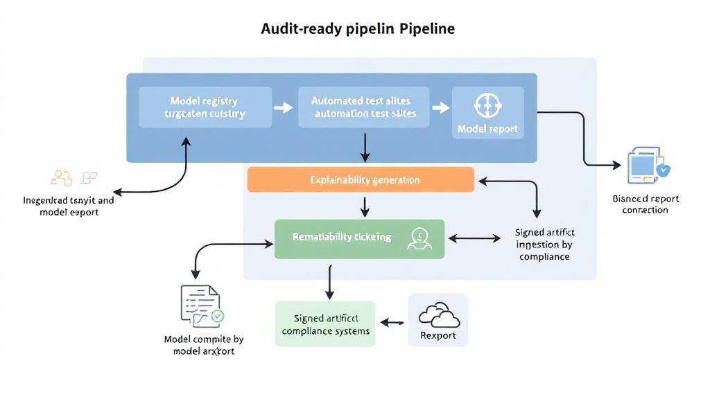 Infographic showing a pipeline: model registry -> automated tests -> explainability -> remediation ticket -> signed audit report export.