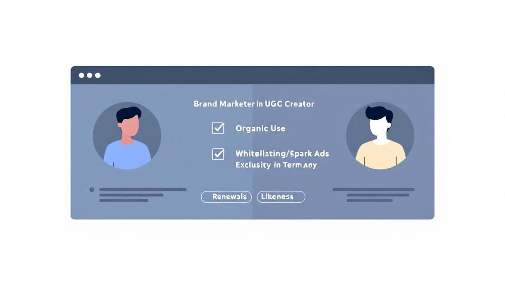 Split-screen graphic of a brand and a creator with a checklist of UGC licensing terms including paid social, whitelisting, exclusivity, territory, term, renewals, and likeness.