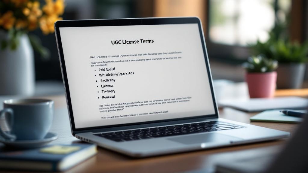 Photo-style image of a desk with a laptop showing a UGC licensing contract highlighting paid social, whitelisting, exclusivity, likeness, term, territory, and renewal sections.