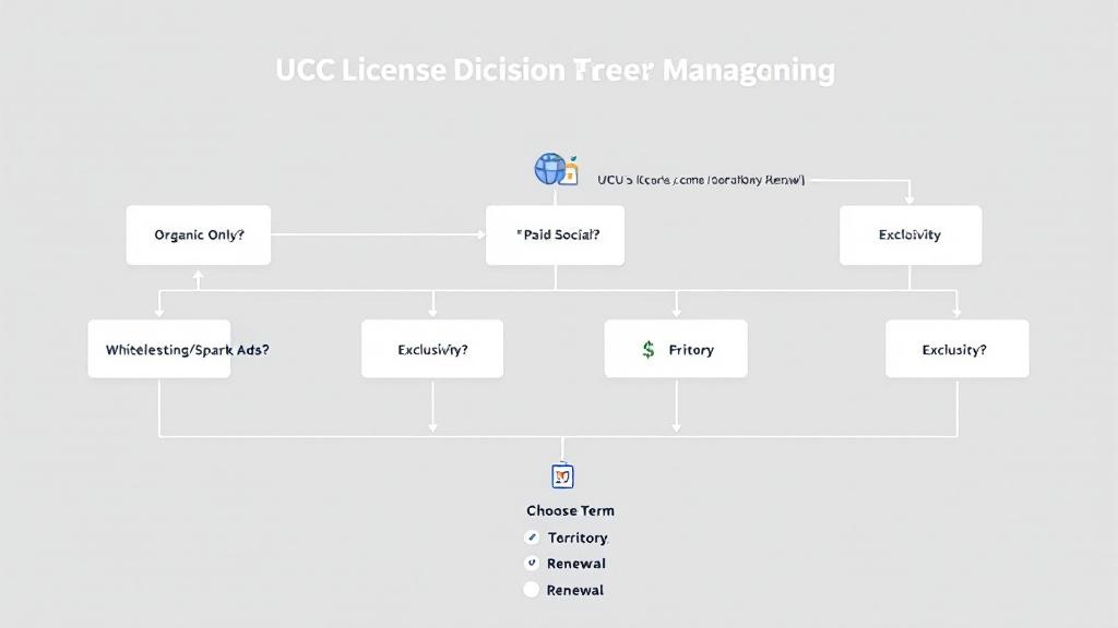 Flowchart infographic showing a UGC licensing decision tree for organic use, paid social, whitelisting, exclusivity, and selecting term, territory, and renewal options.