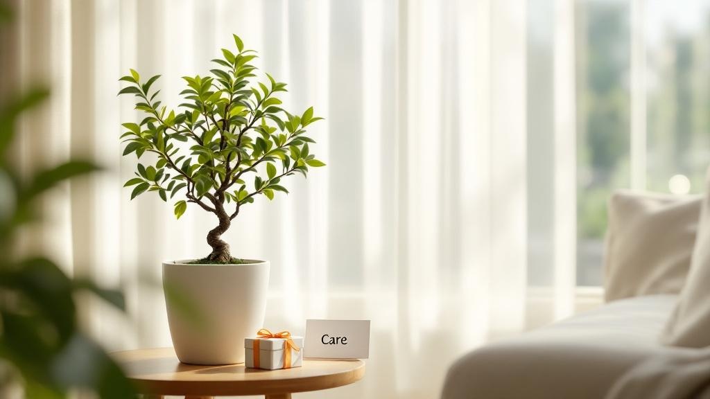 Indoor ficus bonsai in a modern apartment near a sunny window, with gift wrap and a care card on the table.