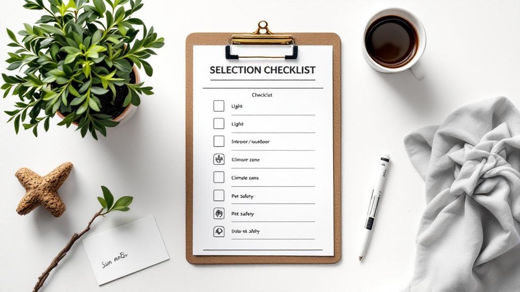 Top-down view of a bonsai gift checklist showing indoor/outdoor, light, climate, and pet safety considerations beside bonsai supplies.