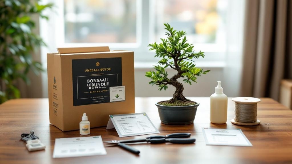 Unboxed bonsai gift kit with a tree, bonsai soil, shears, fertilizer, wire, and a care card checklist arranged neatly on a table.