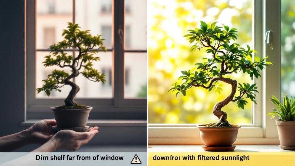 Comparison of a bonsai in low light versus bright window light, plus hands watering until drainage appears.