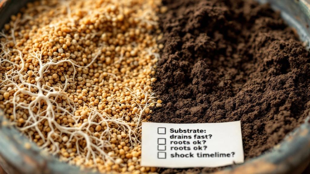 Close-up of bonsai substrate showing airy particles and healthy roots compared with compact wet soil, with a small care checklist card.