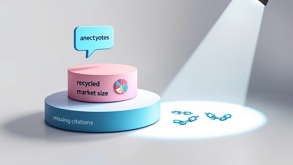 Minimalist infographic showing icons for anecdotes, market sizing, and assumptions with broken chain links representing missing citations and traceability.