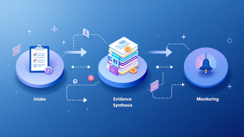 Illustrated workflow showing decision intake, evidence synthesis with citations and confidence indicators, and ongoing monitoring with alerts for competitive changes.