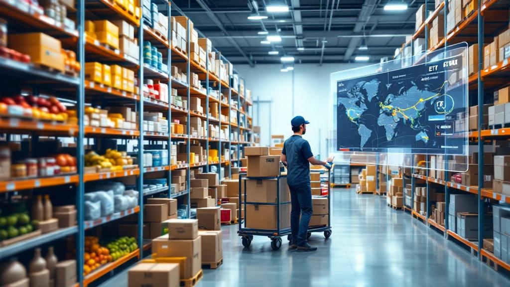 Worker picking groceries in a micro-fulfillment hub with a map-style ETA and routing overlay indicating last-mile coordination.