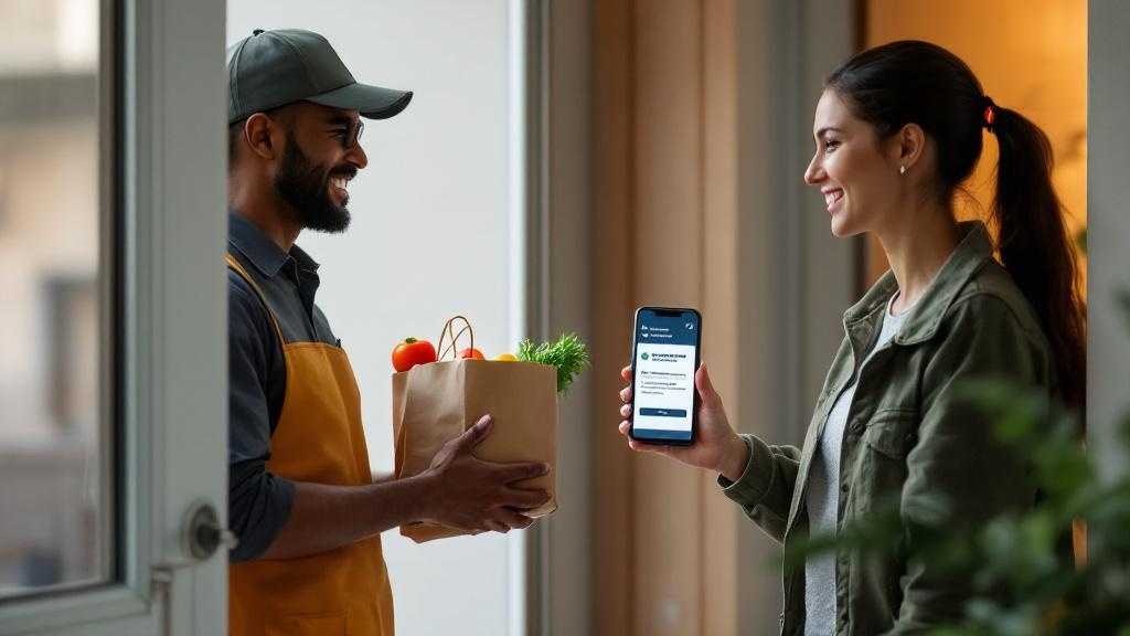 Courier delivering groceries while a customer views an in-app instant refund confirmation after reporting an issue.