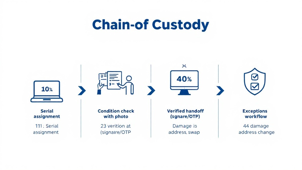 Infographic showing four chain-of-custody steps: serial assignment, condition logging, verified handoff, and exception handling.