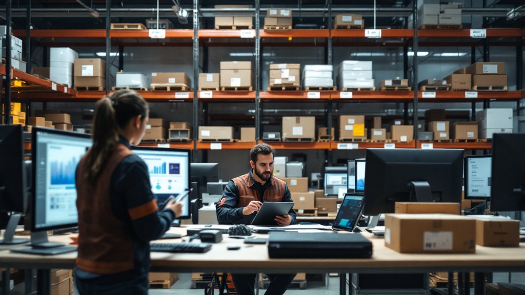 Technician scanning serial numbers and photographing returned laptops and monitors at a warehouse intake desk with a tracking dashboard in the background.