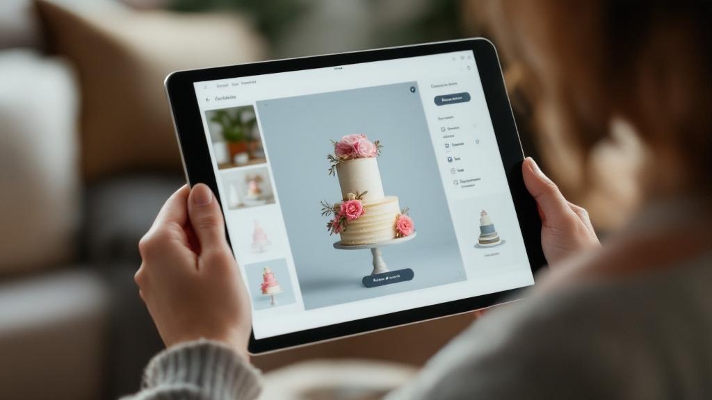 A person using a tablet to navigate a visual cake builder on a bakery's website.