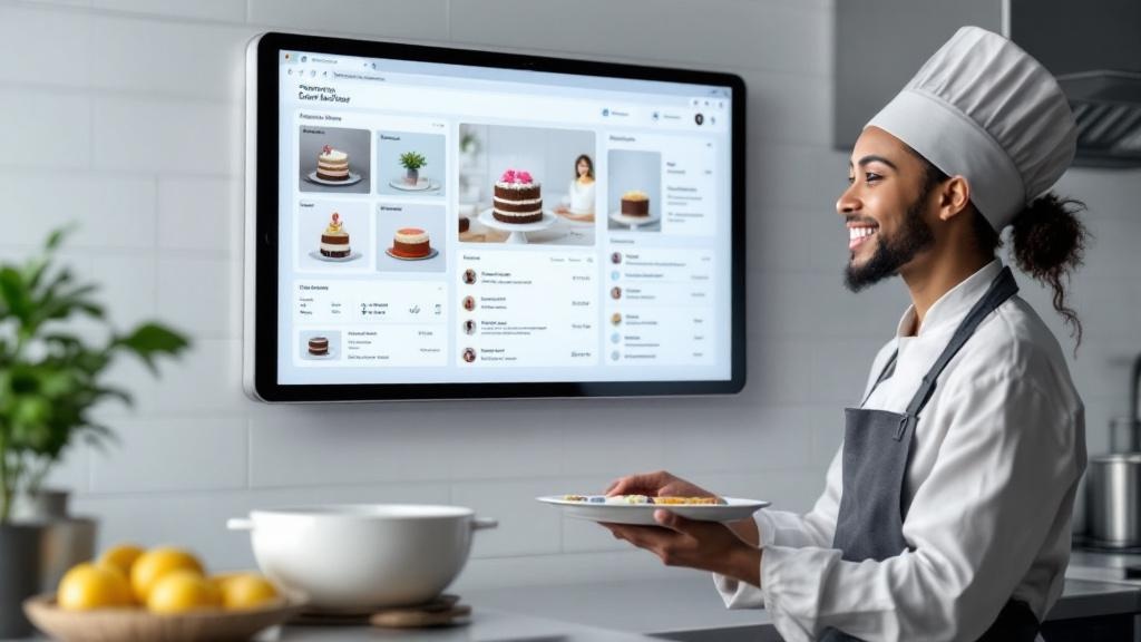 A baker in a professional kitchen reviewing a digital production schedule on a wall-mounted tablet.
