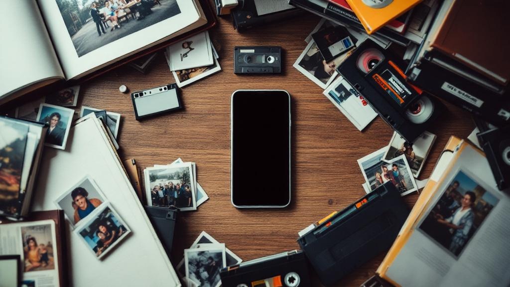 A collection of old photos and tapes on a table with a modern smartphone in the middle, symbolizing the evolution of memory preservation.