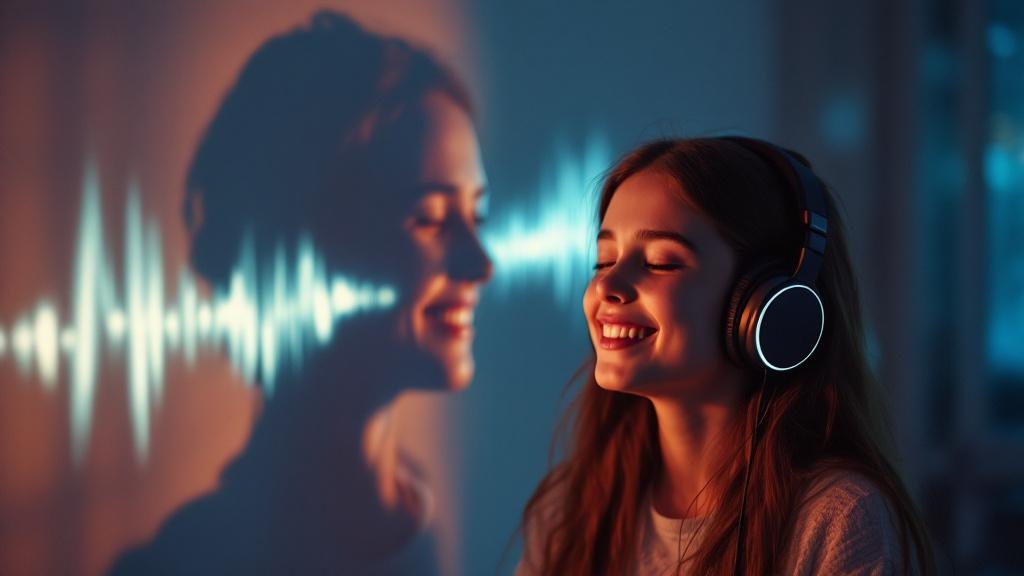 A young girl listens intently, and a soundwave on the wall forms the shape of her ancestor's face, symbolizing a vocal legacy.