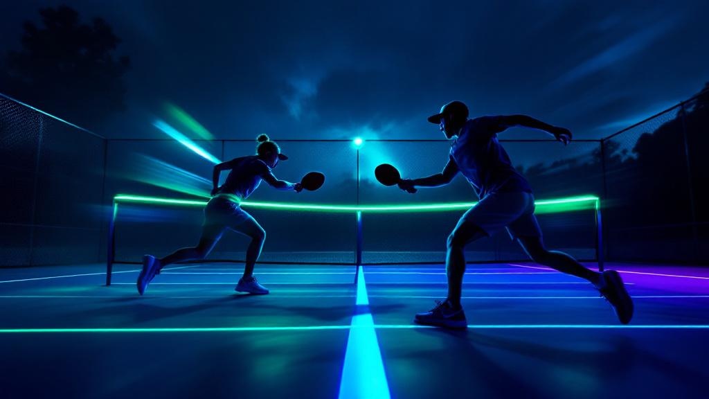 Two people playing pickleball at night with paddles, a ball, and court lines that are all glowing brightly.