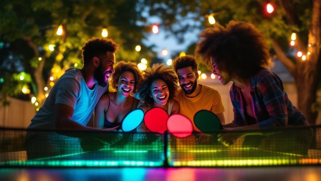 A group of four friends smiling and playing a doubles pickleball match at night using glow-in-the-dark equipment.