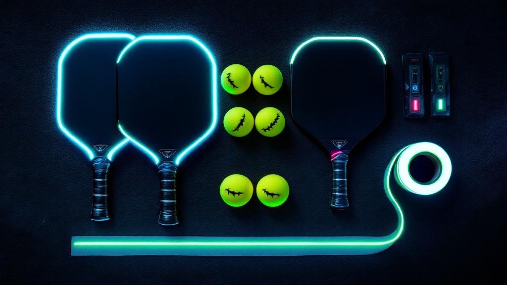A complete glow-in-the-dark pickleball kit with two paddles, four balls, and court tape arranged on a dark surface.