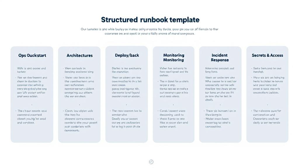 A minimalist diagram showing an organized runbook structure with sections for quickstart, architecture, environments, deploy, monitoring, and incident response.