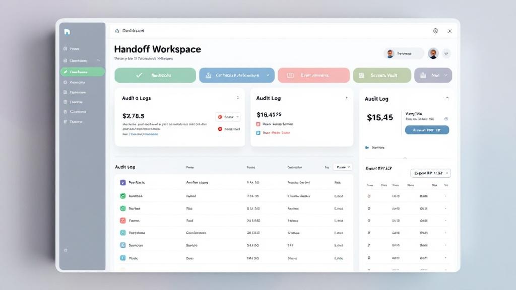 A dashboard-style workspace with a handoff checklist, runbook sections, a secrets vault, and an audit log indicating governed operational documentation.