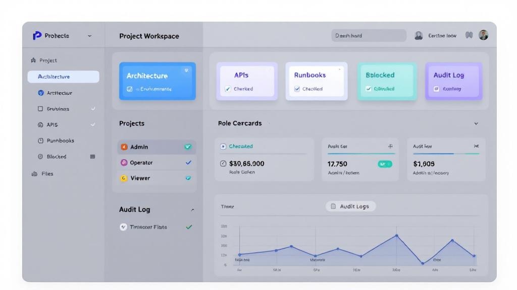 A workspace dashboard with structured sections, a completion checklist, role-based access cards, and an audit log timeline.