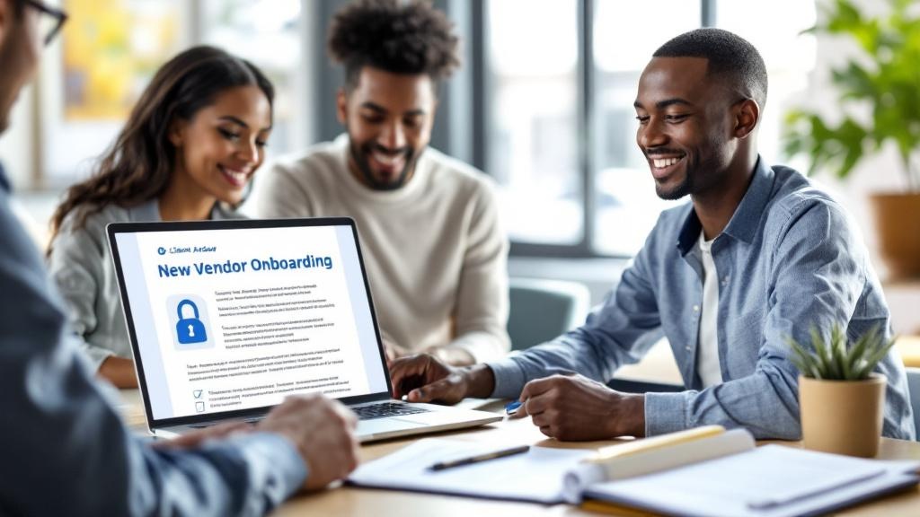 Client operations lead and new vendor reviewing a structured handoff on a laptop with a checklist and archive folder symbolizing secure continuity.
