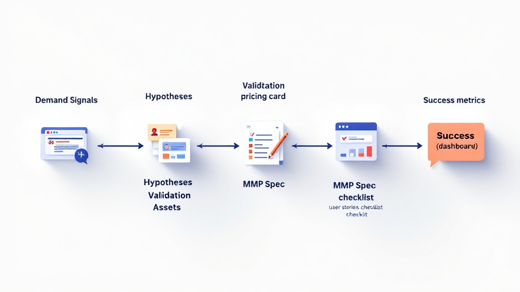 Pipeline diagram showing the evidence-first workflow from demand signals to hypotheses, validation assets, MVP specification, and measurable success metrics.