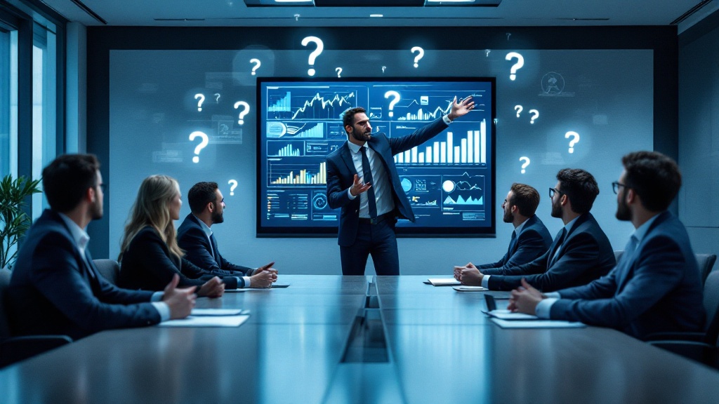 Business executives in a boardroom making strategic decisions with subtle visual indicators of uncertainty