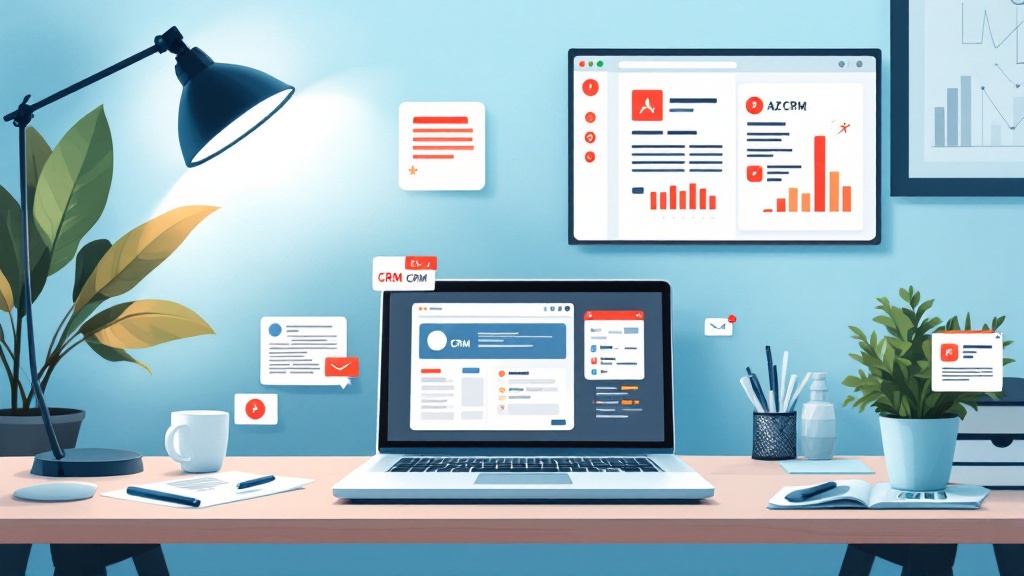 Desk scene showing separate email, calendar, CRM, and accounting apps with copy/paste cues and overdue invoice alerts.