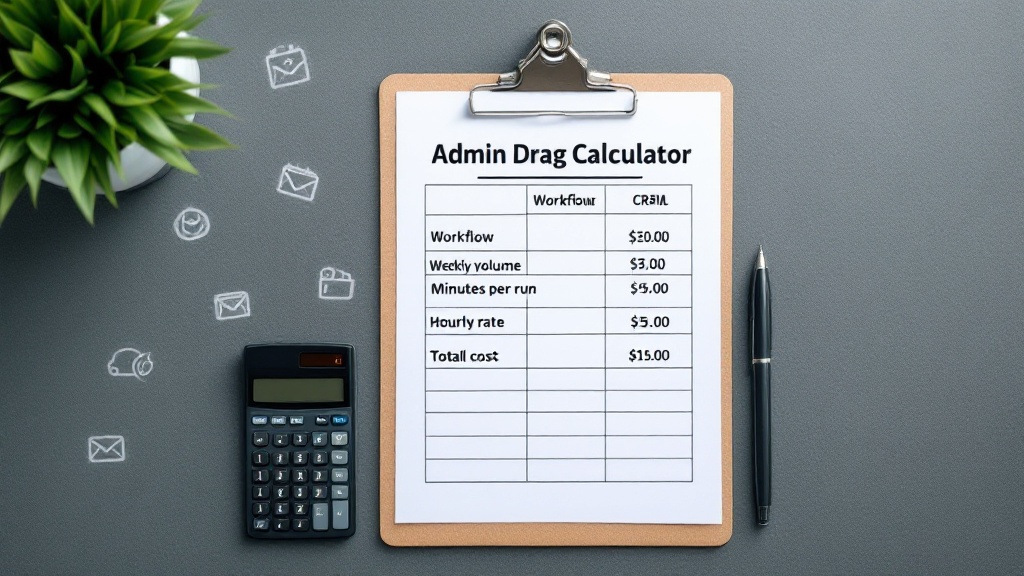 Worksheet titled 'Admin Drag Calculator' showing workflow rows and a cost formula with calculator and pen.