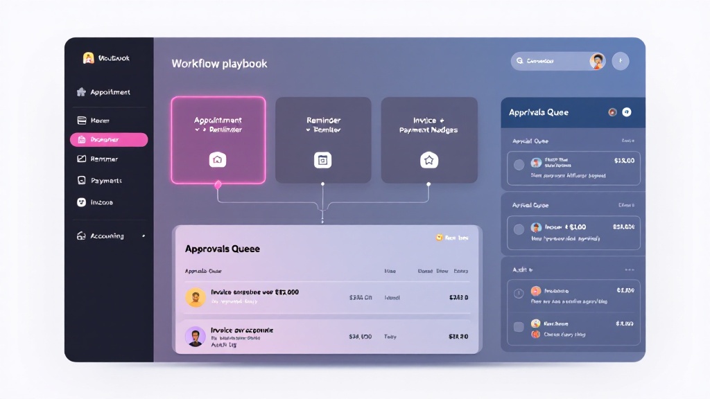 Workflow dashboard showing connected apps, automated steps, and an approvals queue flagging a high-value invoice for review.