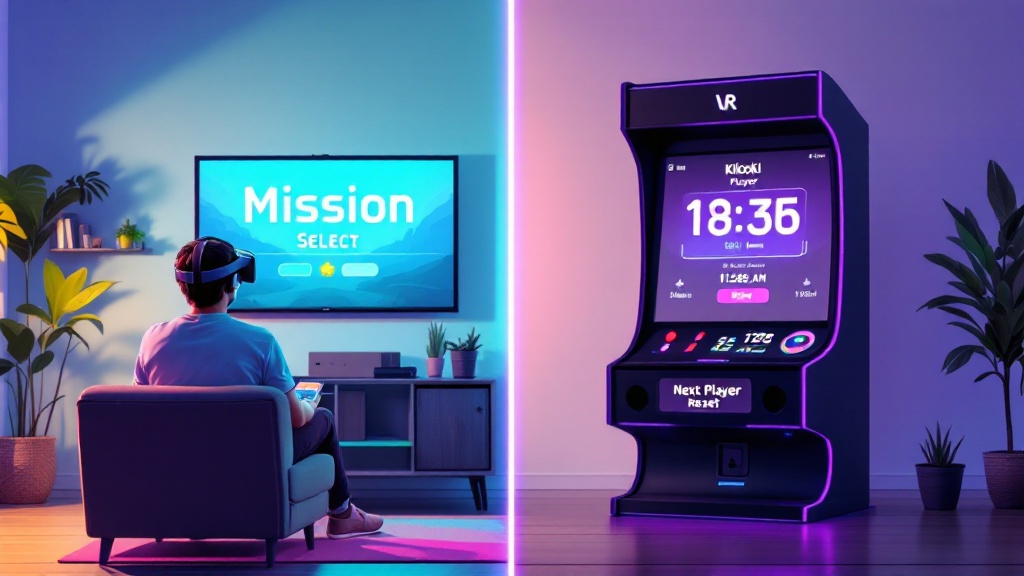 Split view of a home VR player selecting missions and a VR arcade kiosk station showing an auto-reset prompt and leaderboard for quick repeat sessions.