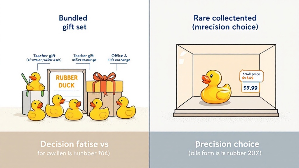 Split image showing rubber duck gift bundles for common occasions on one side and a single collectible duck in a display case on the other.