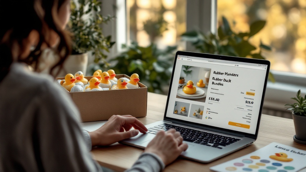 Event planner at a laptop ordering themed rubber duck bundles, with packed ducks, a gift note, and logo stickers on the desk.
