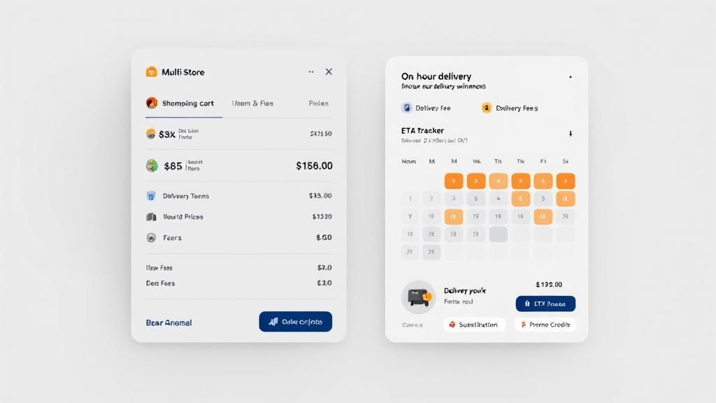 Split-screen mockup of a multi-store cart with price breakdown and a delivery ETA tracker