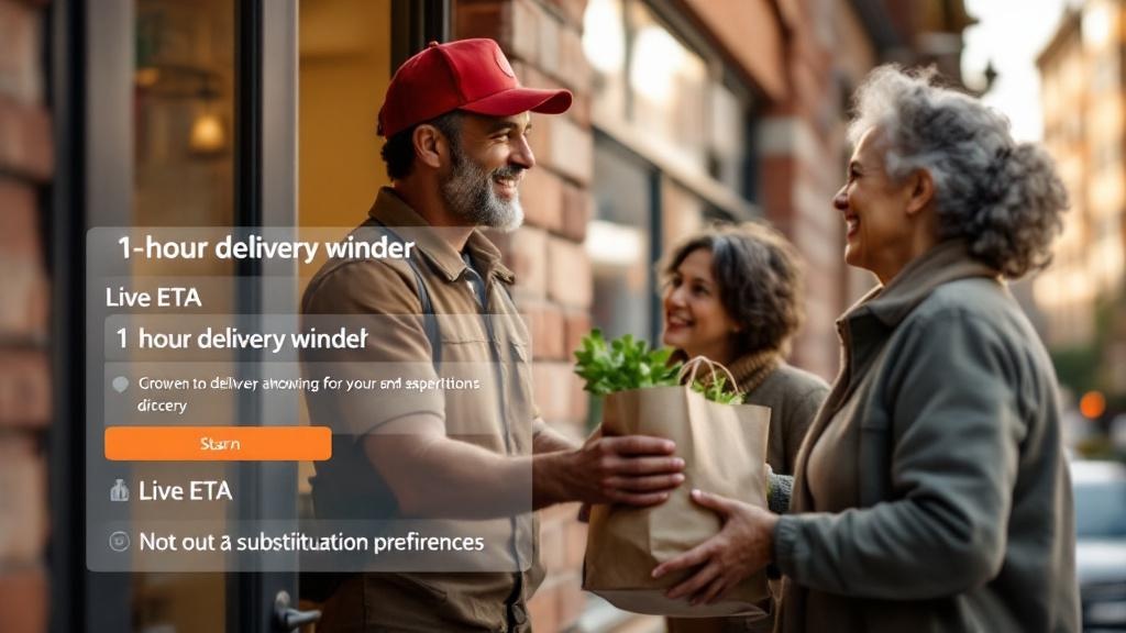 Delivery driver handing groceries to an older adult at an apartment door with an on-screen ETA overlay