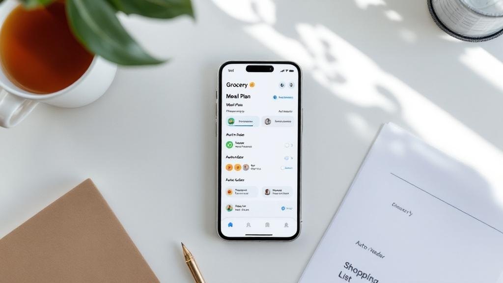 Smartphone showing a weekly meal plan and auto-reorder settings beside a printed shopping list.
