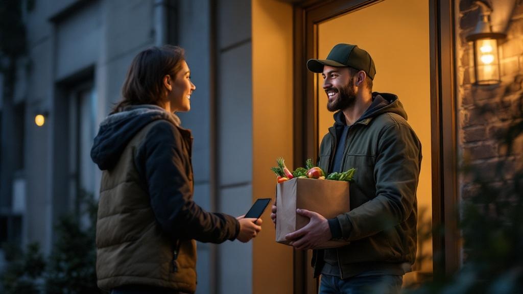 Delivery driver handing groceries to a person at an apartment door with a smartphone showing live ETA.