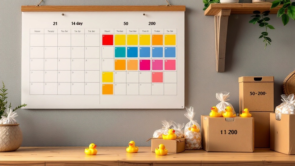 Calendar with highlighted ordering windows for different bulk quantities beside packed party favor bags with small rubber ducks.