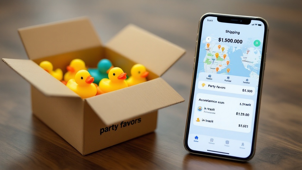 Phone showing package tracking next to a map with weather icons and an open box labeled party favors containing colorful rubber ducks.
