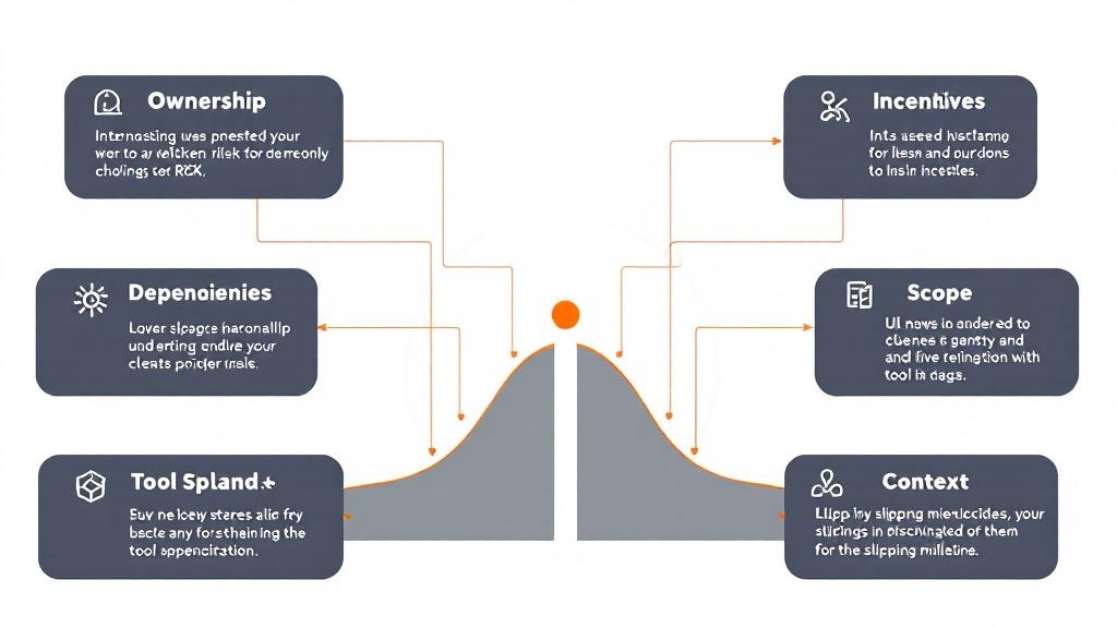 Infographic showing seven interconnected risks—ownership, queues, dependencies, incentives, scope, tool sprawl, and context—leading to a delayed milestone.