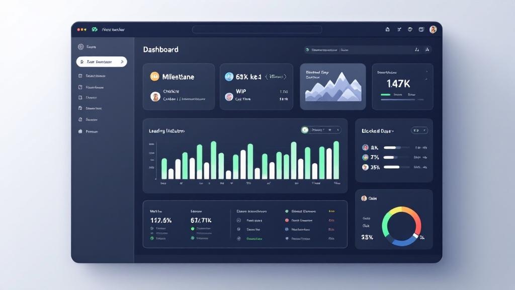 Dashboard-style illustration showing a milestone checklist and charts for WIP, cycle time, and blocked days with an overall delivery risk score.