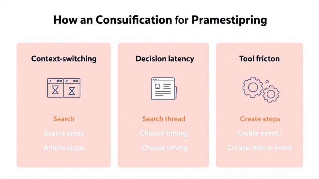 Infographic showing three causes of translation tax: context-switching, decision latency, and tool friction, with icons and example steps.