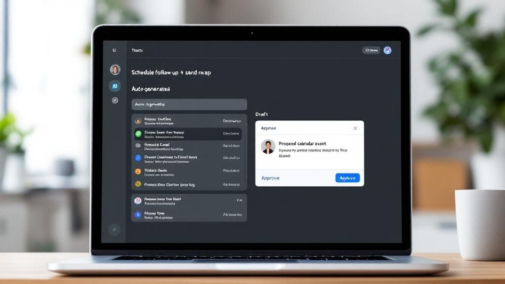 Mockup-style illustration of a task being decomposed into subtasks, an email draft, and an approval card to create a calendar event.