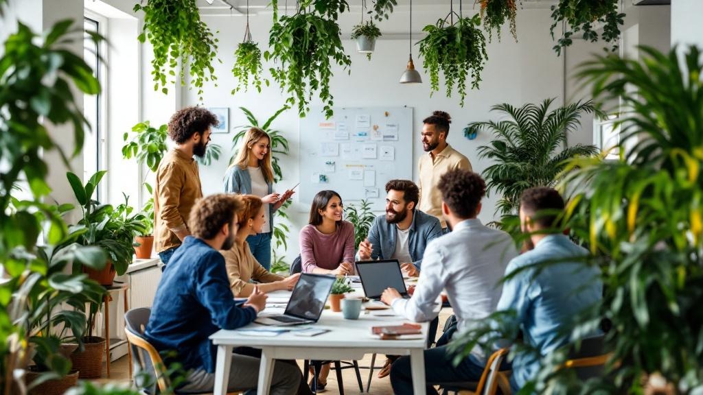 A team of professionals collaborating in a bright, modern office filled with an abundance of lush plants.